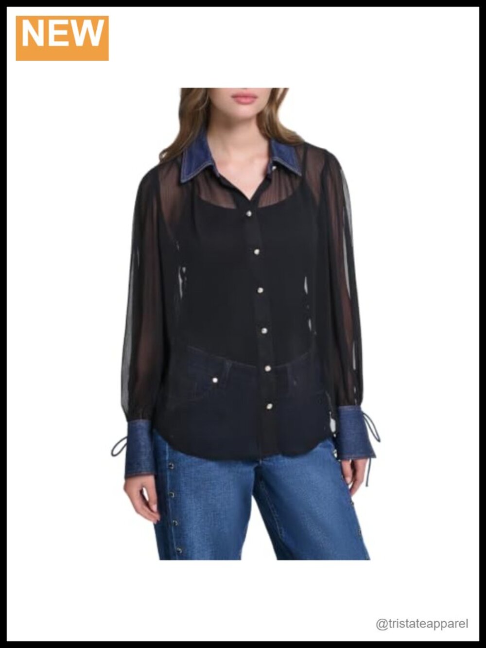 Karl Lagerfeld Crinkle Chiffon Long Sleeve Button-Down Blouse